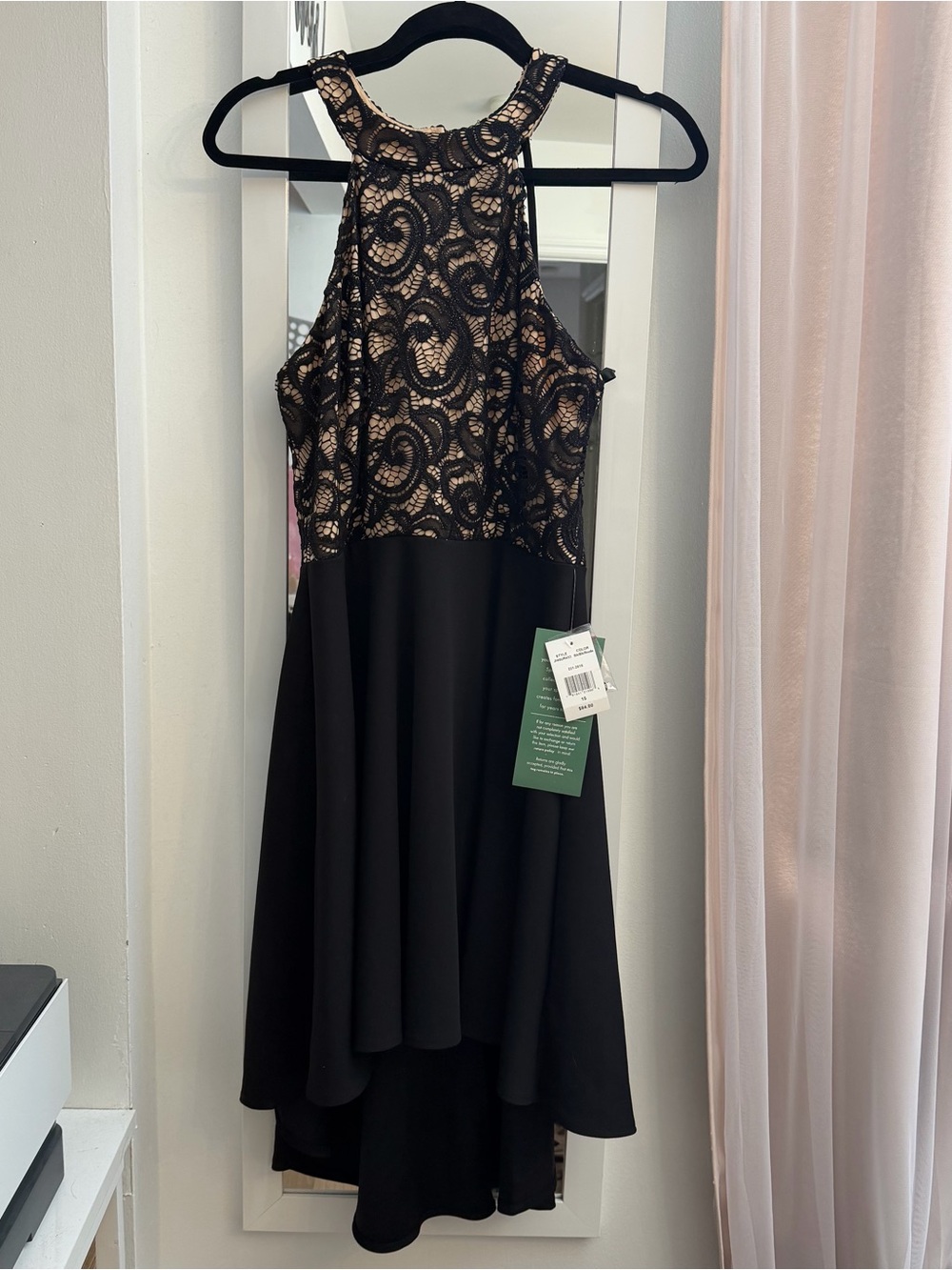 B. Smart Black Lace High-Low Dress with Nude Underlay